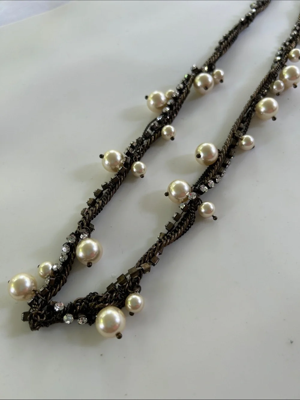 J. Crew Bronze Tone Faux Pearl & Rhinestone Twisted Strand Statement Necklace